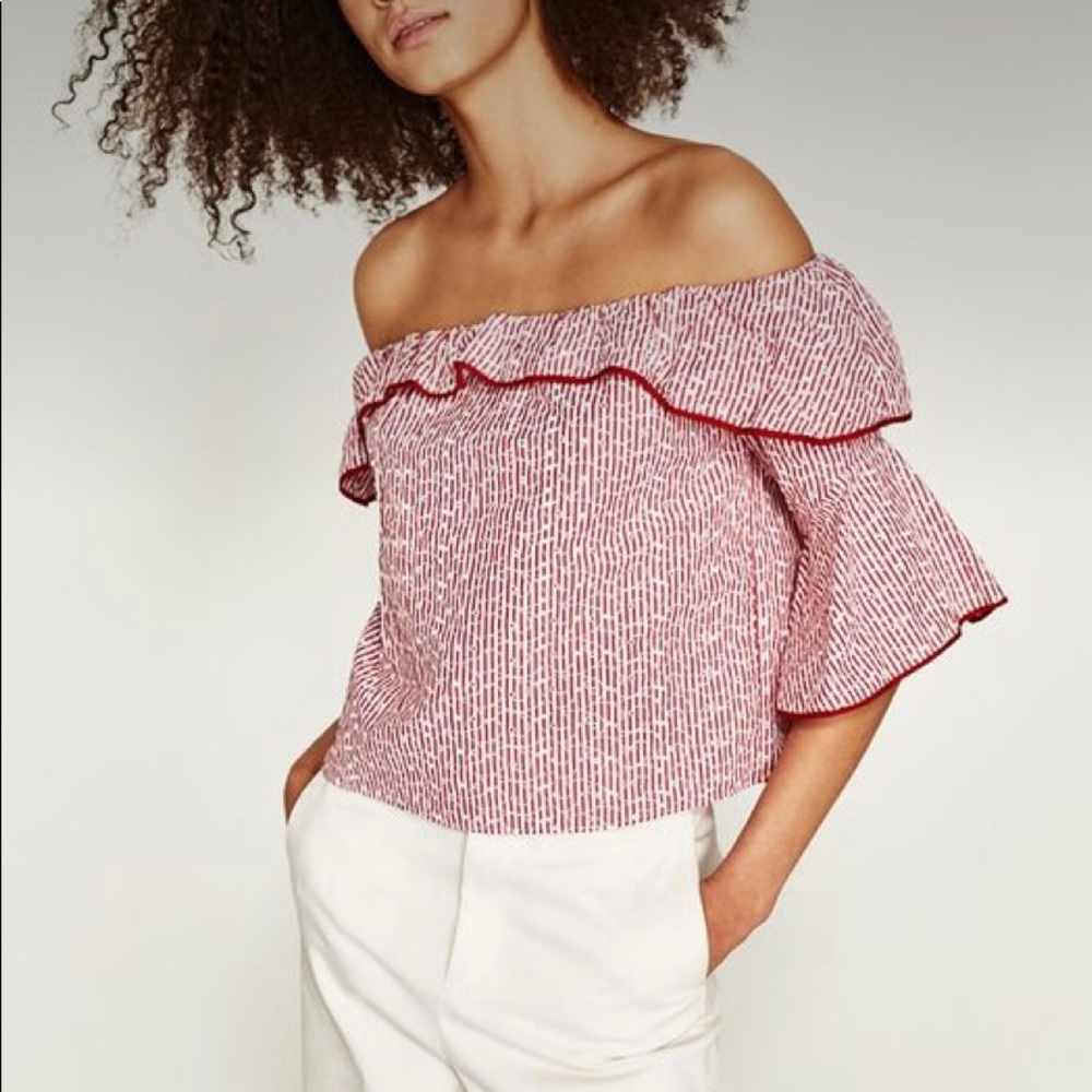 Zara EMBROIDERED STRIPED OFF SHOULDER TOP XS